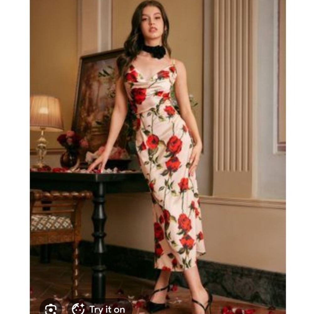 Cider Forgotten Rose Satin Slip Dress 3X Midi Maxi Cowl Neck Romantic Date Night